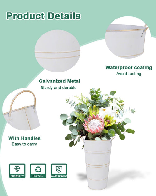 2 Pcs White and 2 Pcs Silver Galvanized Metal Vases with Handles Q754