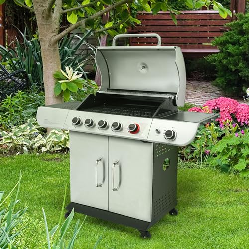 5 Burner Propane Gas Grill with Side Burner & Sear Burner, Stainless Steel E9860