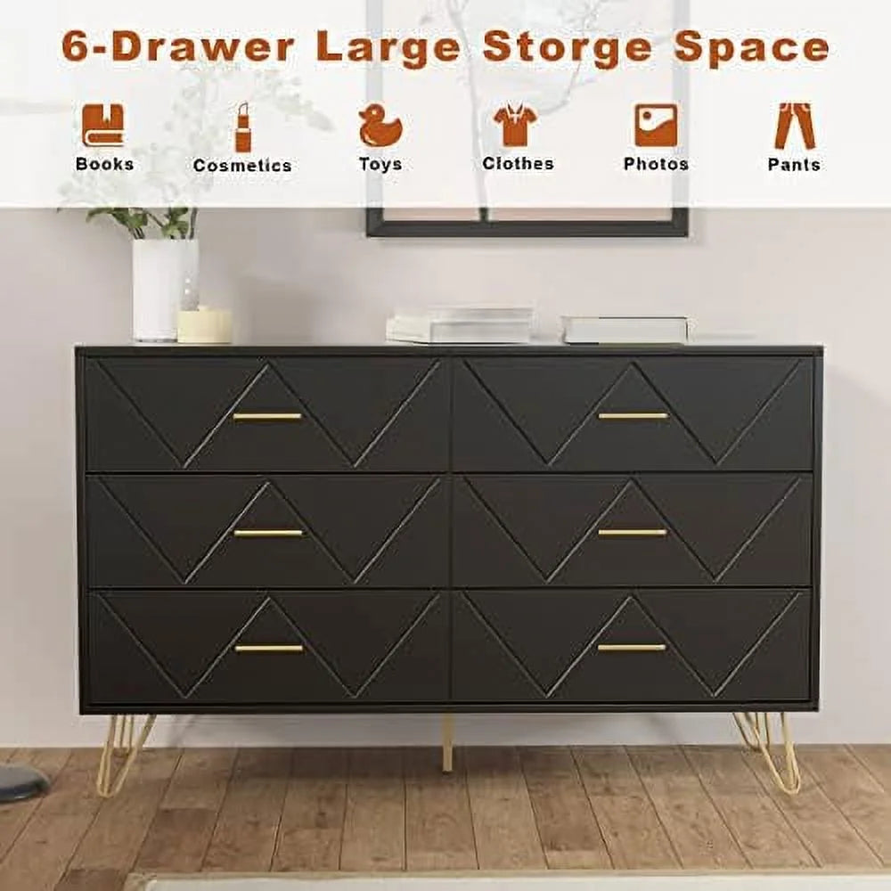 Black 6 Drawer Wood Dresser N5553