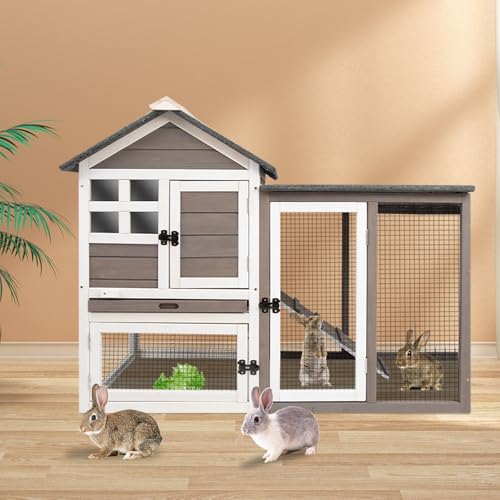 Grey 2-Story Fir Wood Rabbit Hutch with Pull Out Tray G777