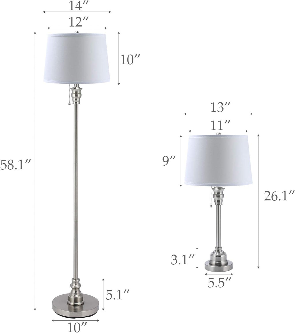 3 Lamp Set with White Fabric Shade Table and Floor Lamp Steel Finish P815