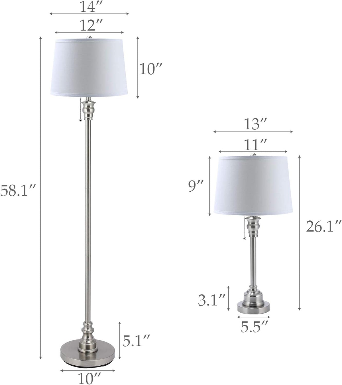 3 Lamp Set with White Fabric Shade Table and Floor Lamp Steel Finish P815