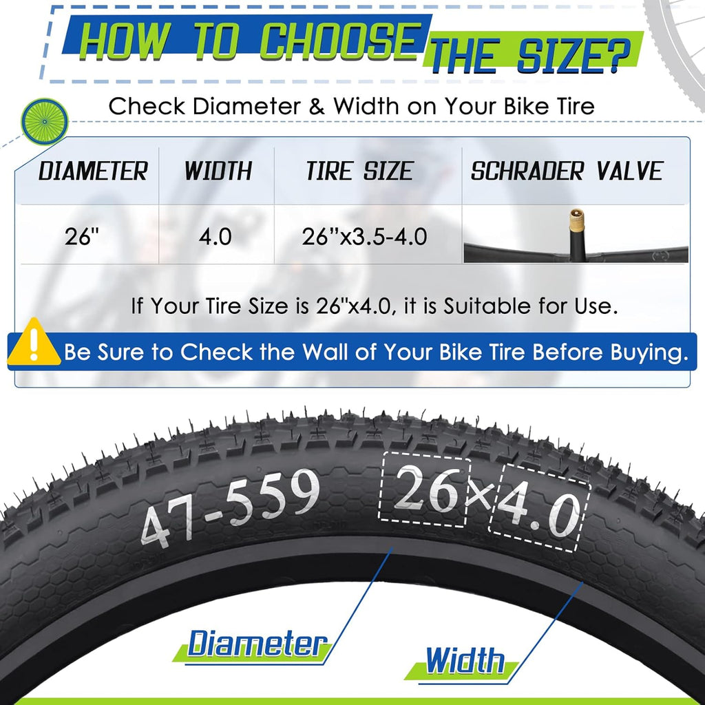 2 Pack 26x3.0-3.5, 2 Pack 26x3.5-4.5 Fat Bike Tube with AV 32mm Valve, Premium Butyl Rubber 26 x 3.5 Fat Tire Bike Tubes with 2 Tire Levers I2744