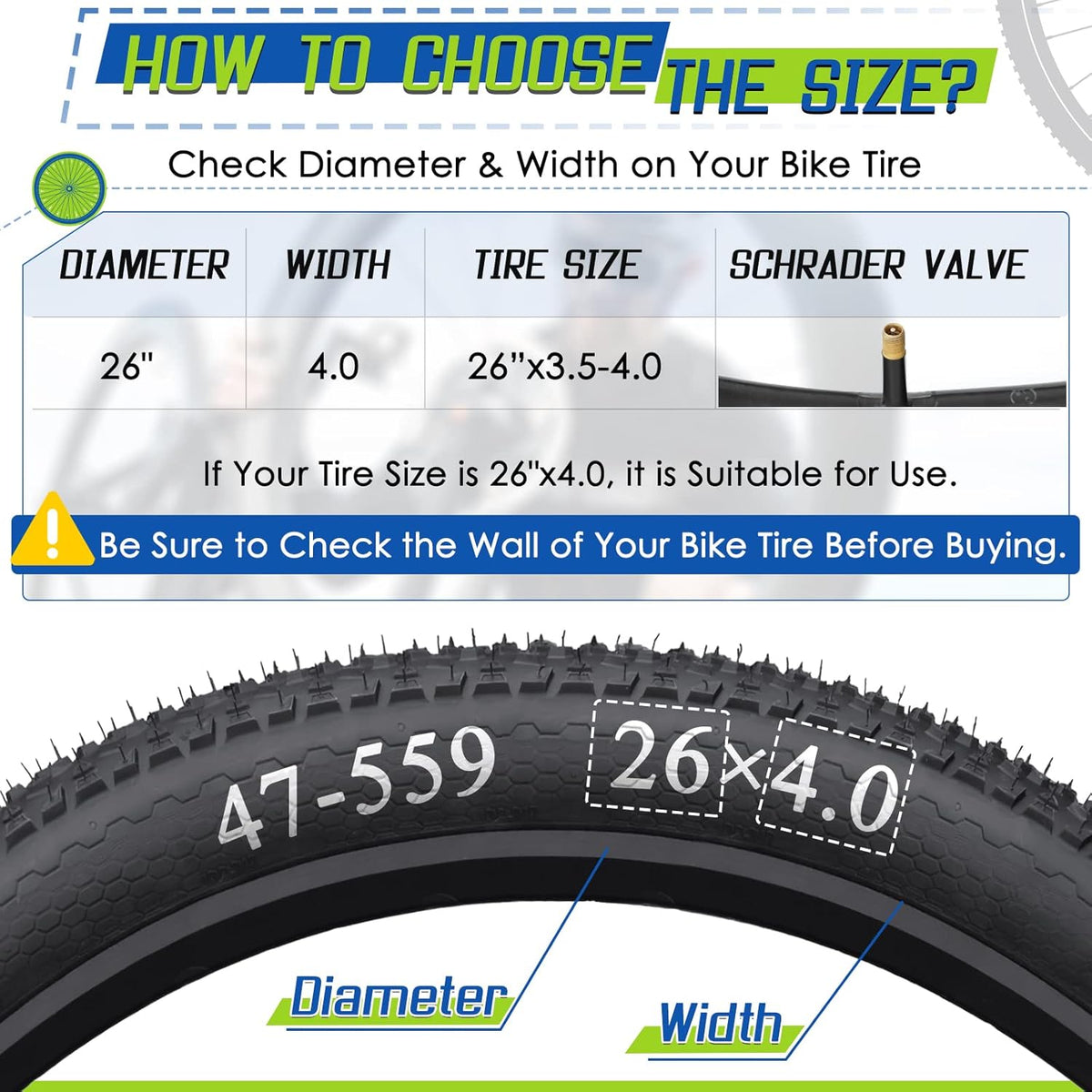 2 Pack 26x3.0-3.5, 2 Pack 26x3.5-4.5 Fat Bike Tube with AV 32mm Valve, Premium Butyl Rubber 26 x 3.5 Fat Tire Bike Tubes with 2 Tire Levers I2744