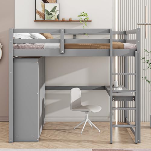 White Solid Wood Full Size Loft Bed with Desk and Drawers O9785