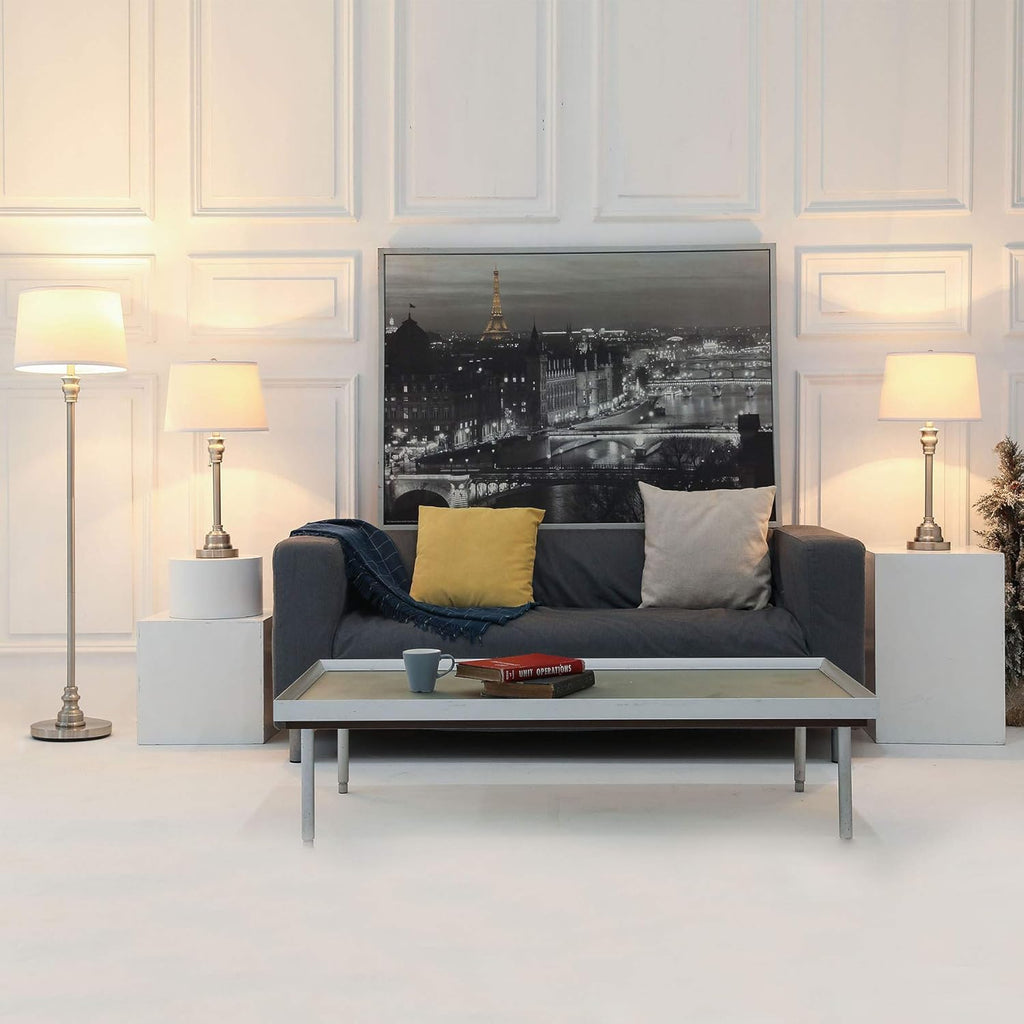3 Lamp Set with White Fabric Shade Table and Floor Lamp Steel Finish P815