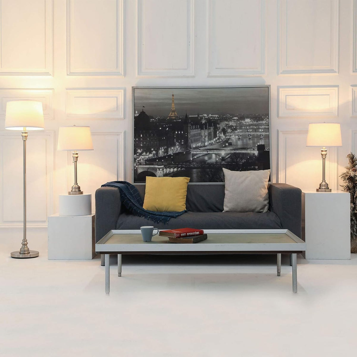 3 Lamp Set with White Fabric Shade Table and Floor Lamp Steel Finish P815