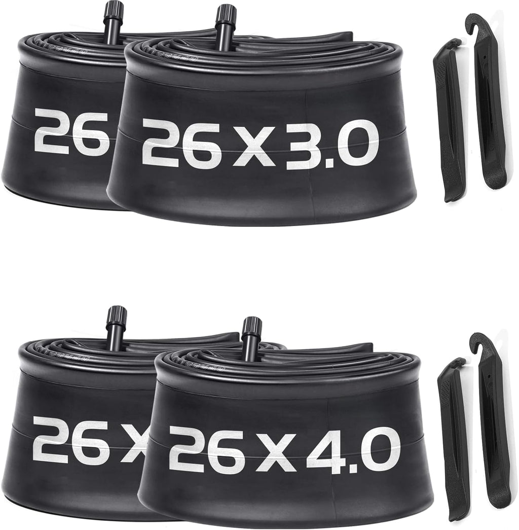 2 Pack 26x3.0-3.5, 2 Pack 26x3.5-4.5 Fat Bike Tube with AV 32mm Valve, Premium Butyl Rubber 26 x 3.5 Fat Tire Bike Tubes with 2 Tire Levers I2744