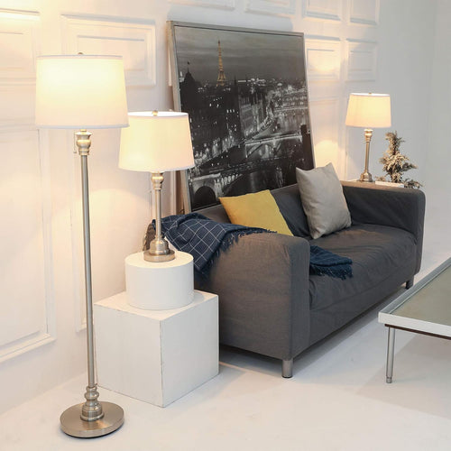 3 Lamp Set with White Fabric Shade Table and Floor Lamp Steel Finish P815