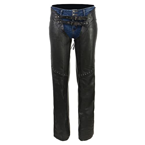 Black Low-Rise Waist Front Double Buckle Rivet Detailing Motorcycle Chaps P2352