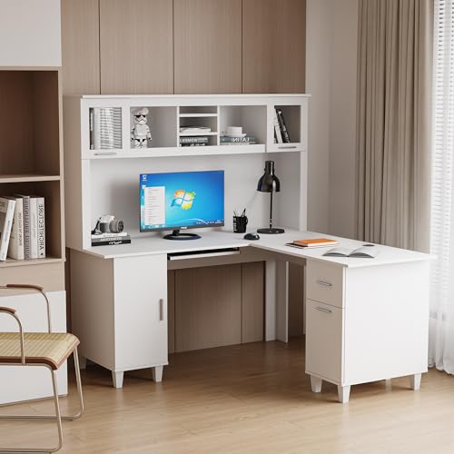 White Desk with Storage 2-Tier Open Shelves 1 Drawers and 1 Cabinet R734
