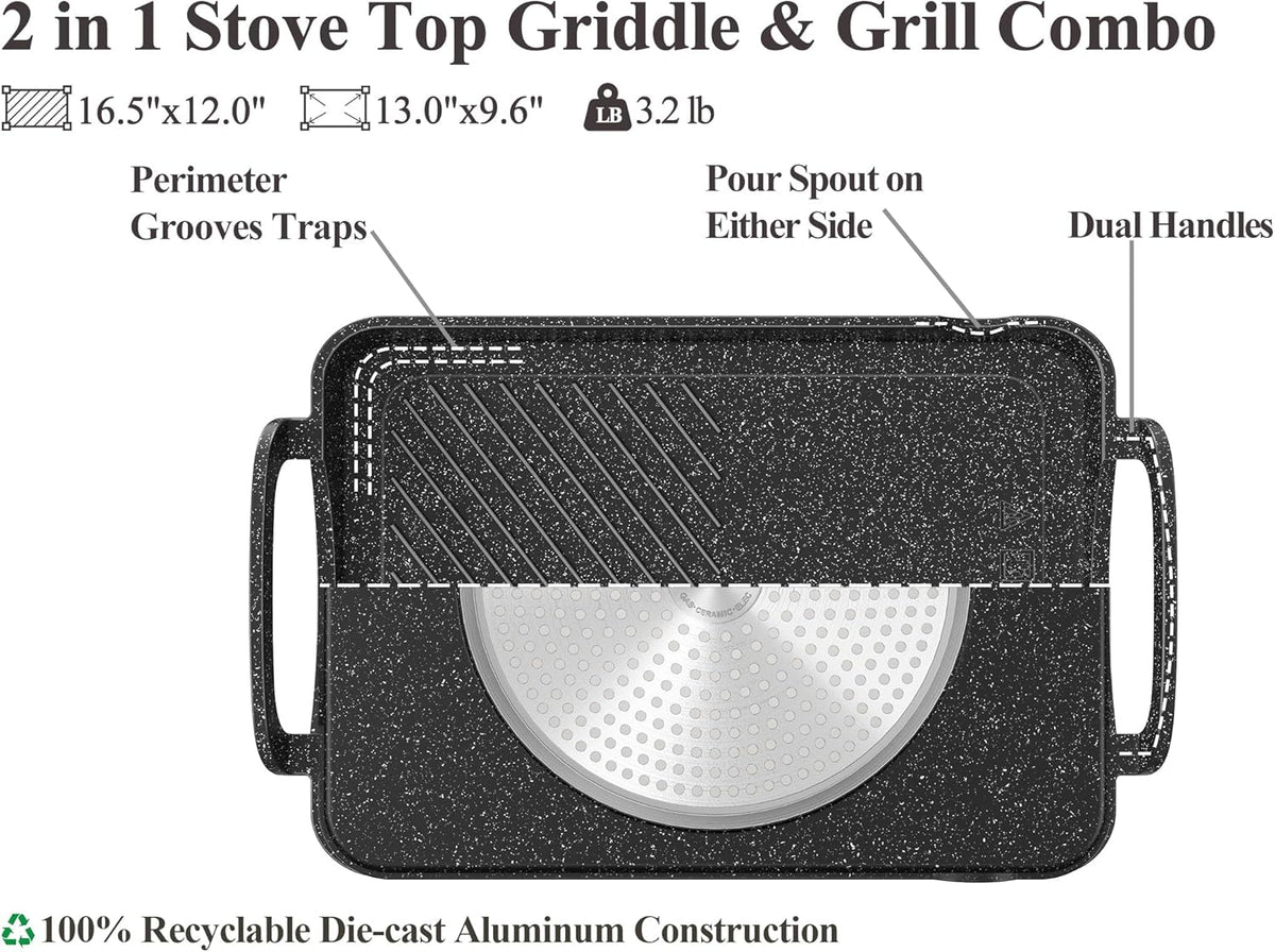 Nonstick 16.5"x12.0" Double Burner Granite Griddle Pan I674210