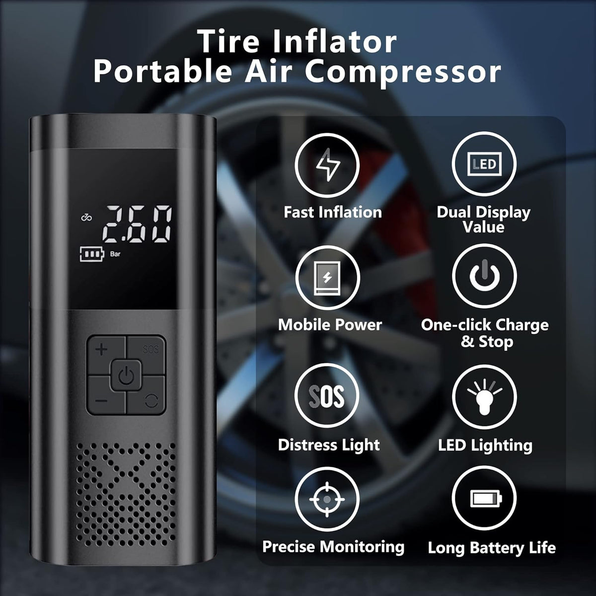 Cordless Portable Tire Inflator Air Compressor with 150PSI Digital Pressure Gauge F145