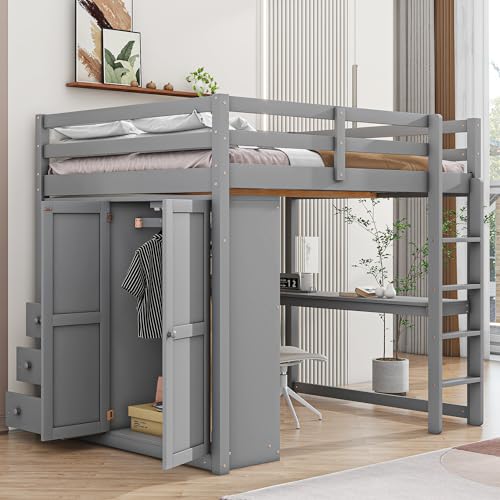 White Solid Wood Full Size Loft Bed with Desk and Drawers O9785