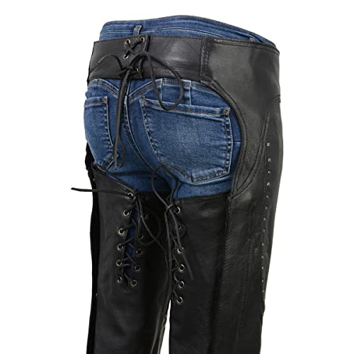 Black Low-Rise Waist Front Double Buckle Rivet Detailing Motorcycle Chaps P2352