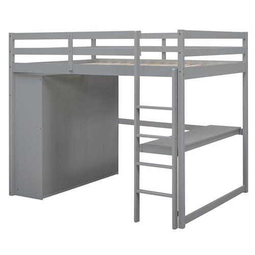 White Solid Wood Full Size Loft Bed with Desk and Drawers O9785
