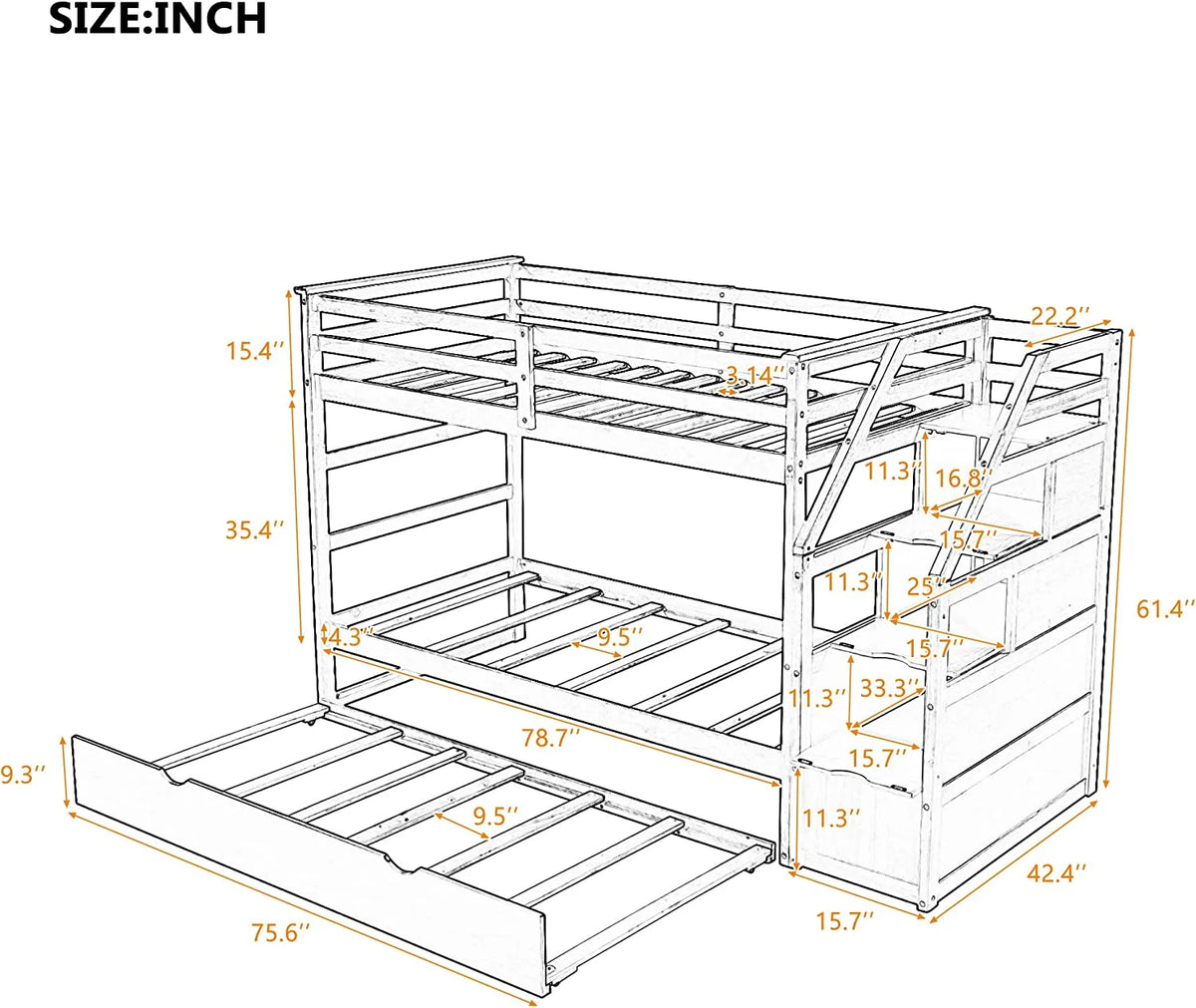 Espresso Wooden Over Bunk Bed with Trundle and 3 Storage Stairs Y7010