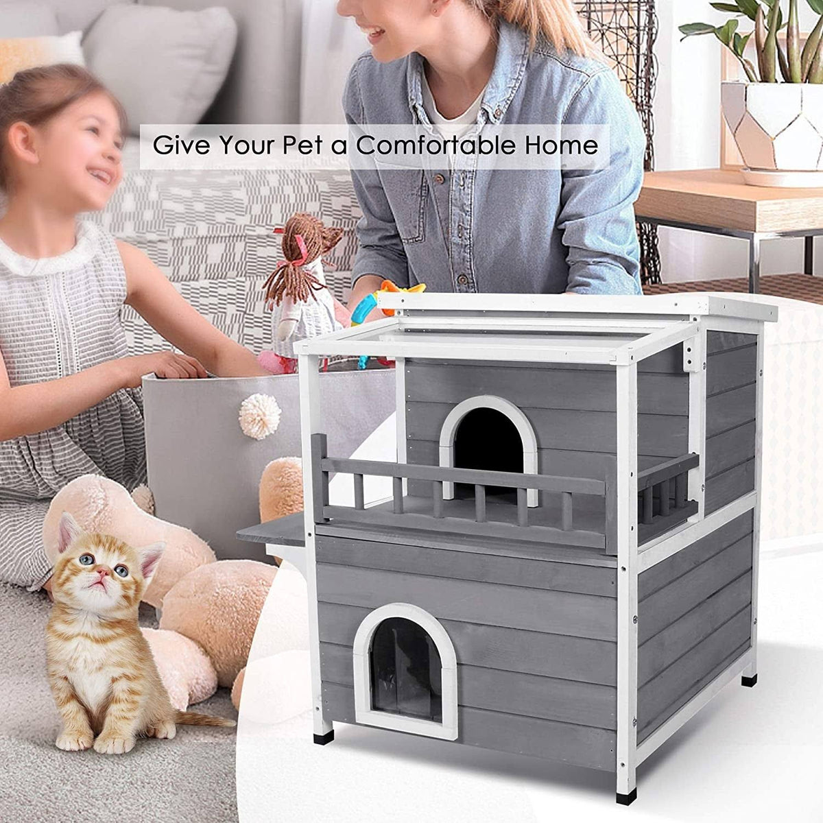 2-Story Weatherproof Wooden Cat Shelter House with Transparent PVC Canopy W246