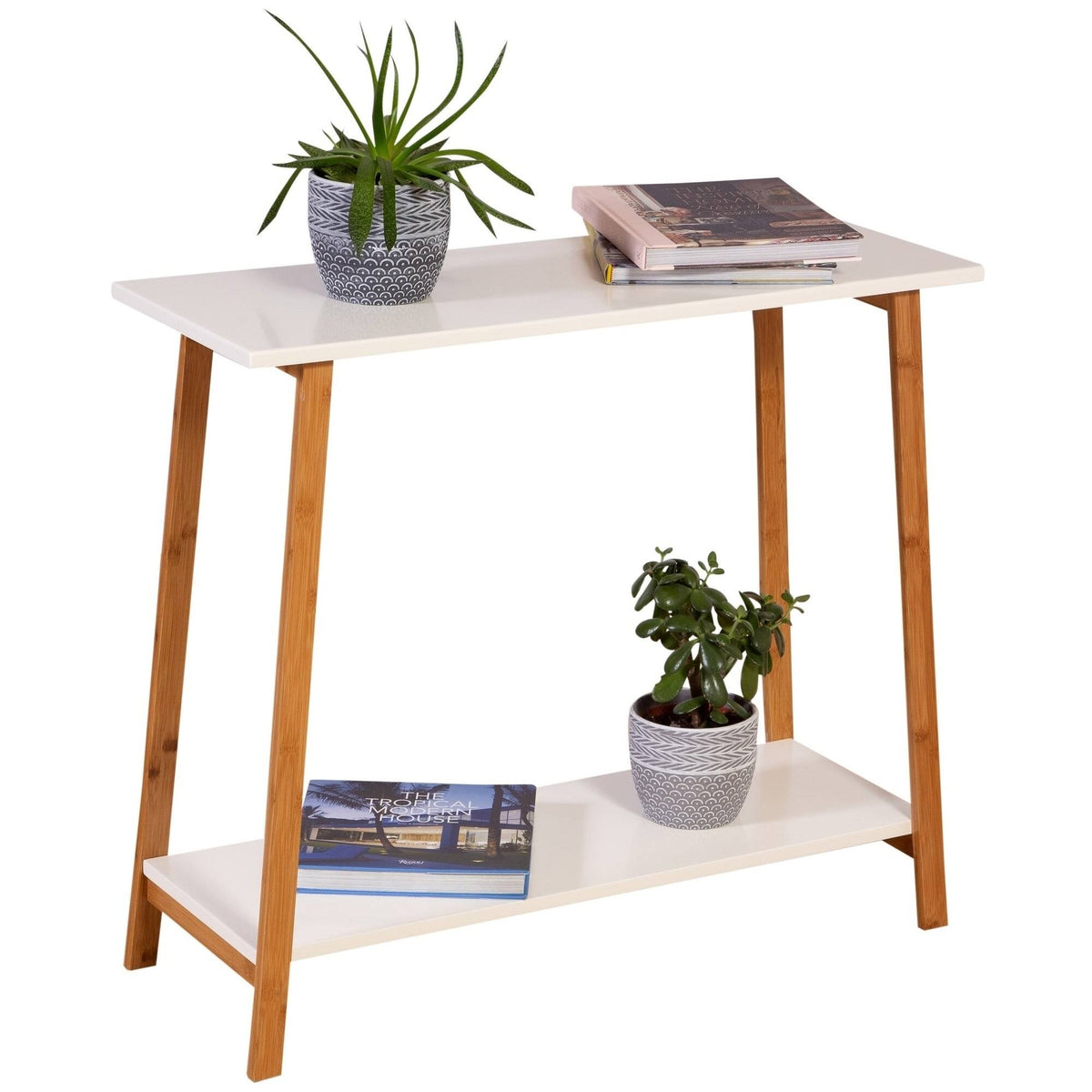 White 2-Tier Solid Bamboo Console Table U2402