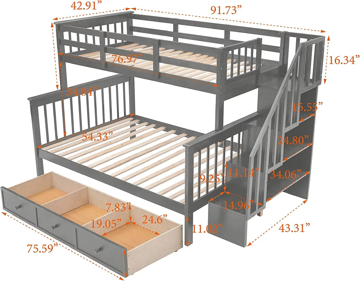 Gray Bunk Bed with Stairs and Storage Drawers Q9267