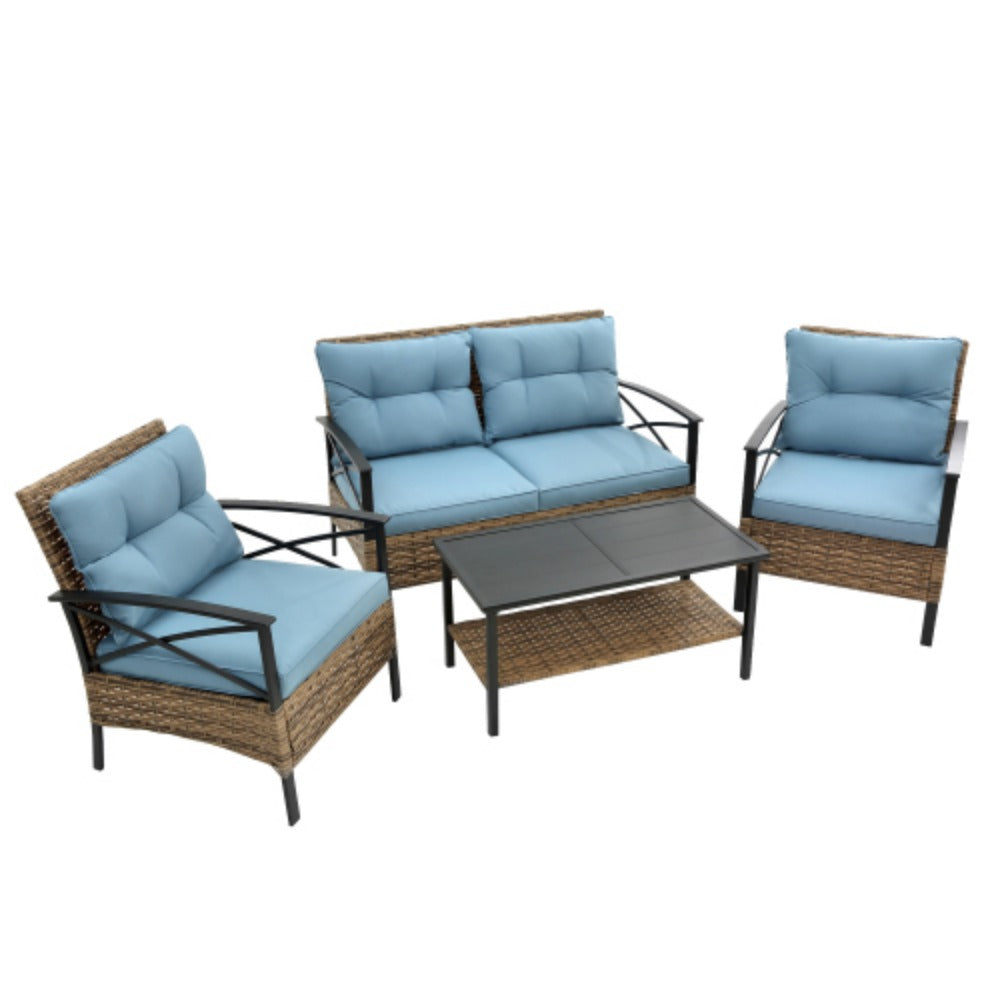 4 Piece Rattan Wicker Outdoor Corner Sofa Set with Cushion K444575