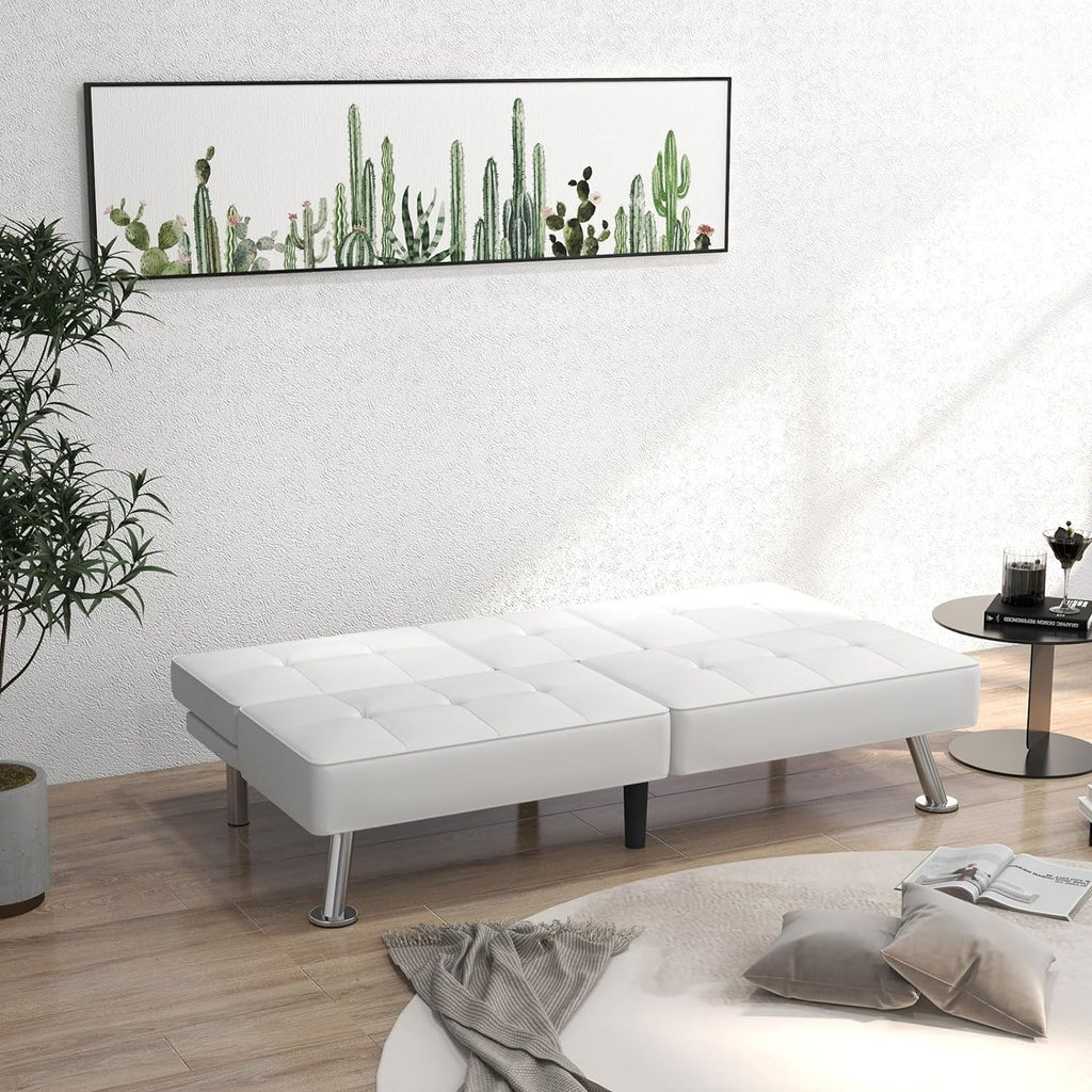 White Faux Leather Convertible Sofa Bed with 2 Cup Holders Z16130