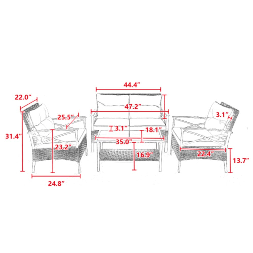 4 Piece Rattan Wicker Outdoor Corner Sofa Set with Cushion K444575