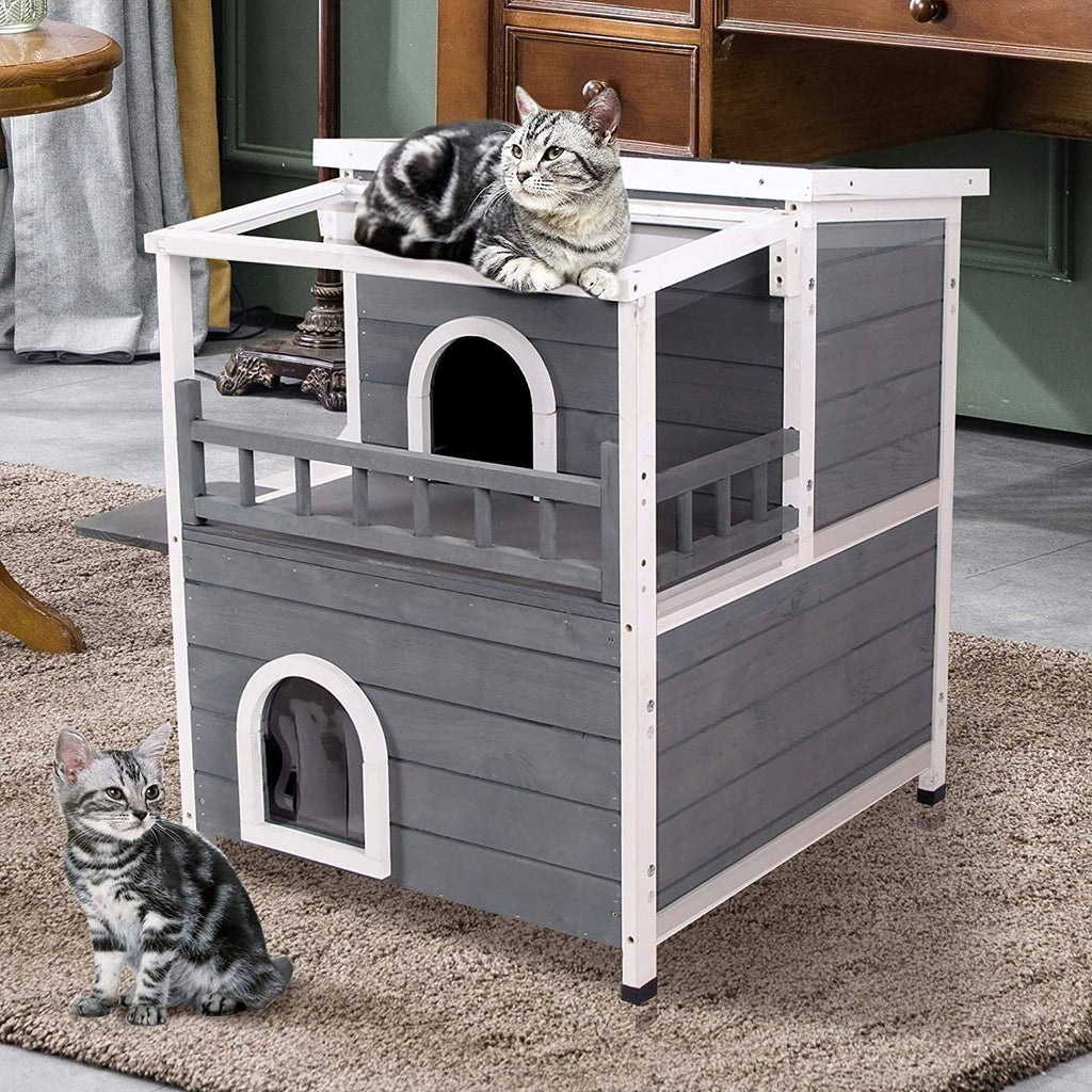 2-Story Weatherproof Wooden Cat Shelter House with Transparent PVC Canopy W246