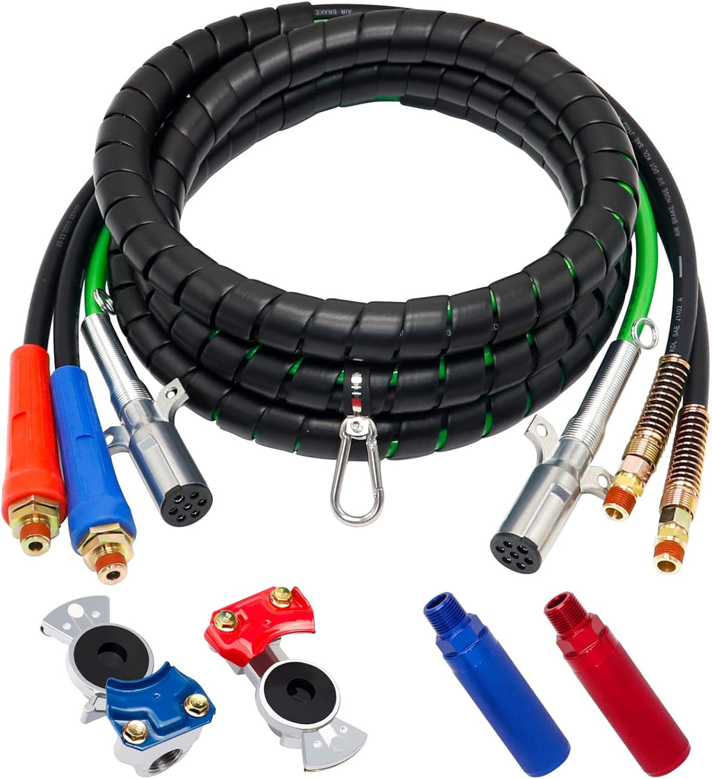 15Ft 3 in 1 ABS 7 Way Electrical Cable and Rubber Air Line Hose Wrap Assembly with Aluminum Service Emergency Glad Hands and Extension Handles for Semi Truck Trailer Tractor E621638