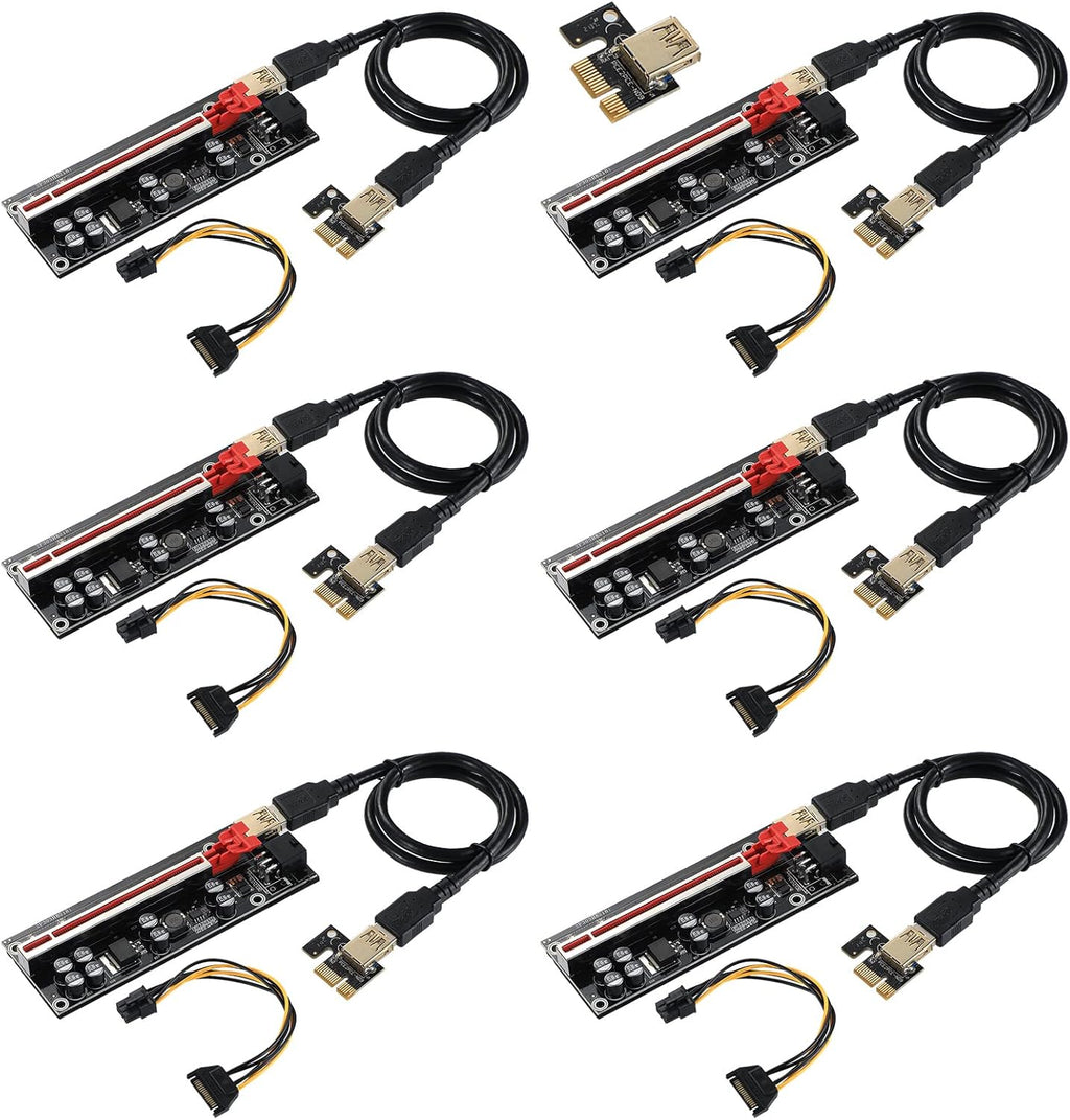 Black PCI-E 1X to 16X Riser Card with 24in USB 3.0 Extension Cable & 6PIN SATA Power Cable (6 Pieces) Y2330