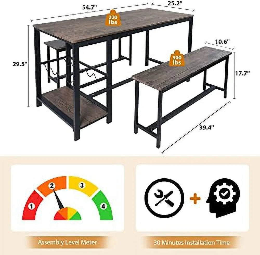 Dining Table Set 4 with 2 Benches 3-Piece Wood Rustic Brown & Black B4934