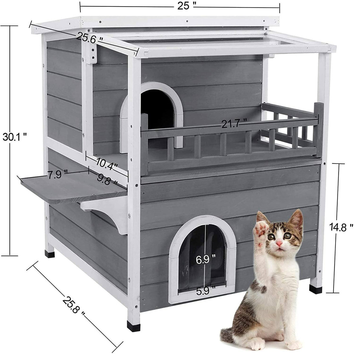 2-Story Weatherproof Wooden Cat Shelter House with Transparent PVC Canopy W246