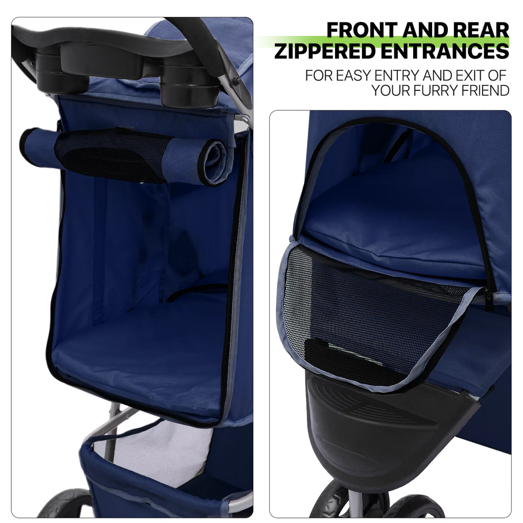 Foldable Pet Stroller with Wheels, Storage Basket and Cup Holder, Navy Blue S7069