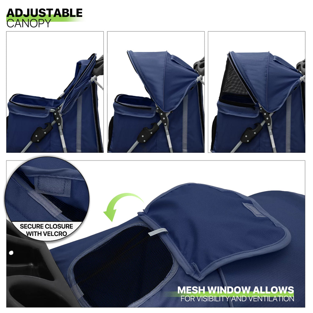 Foldable Pet Stroller with Wheels, Storage Basket and Cup Holder, Navy Blue S7069