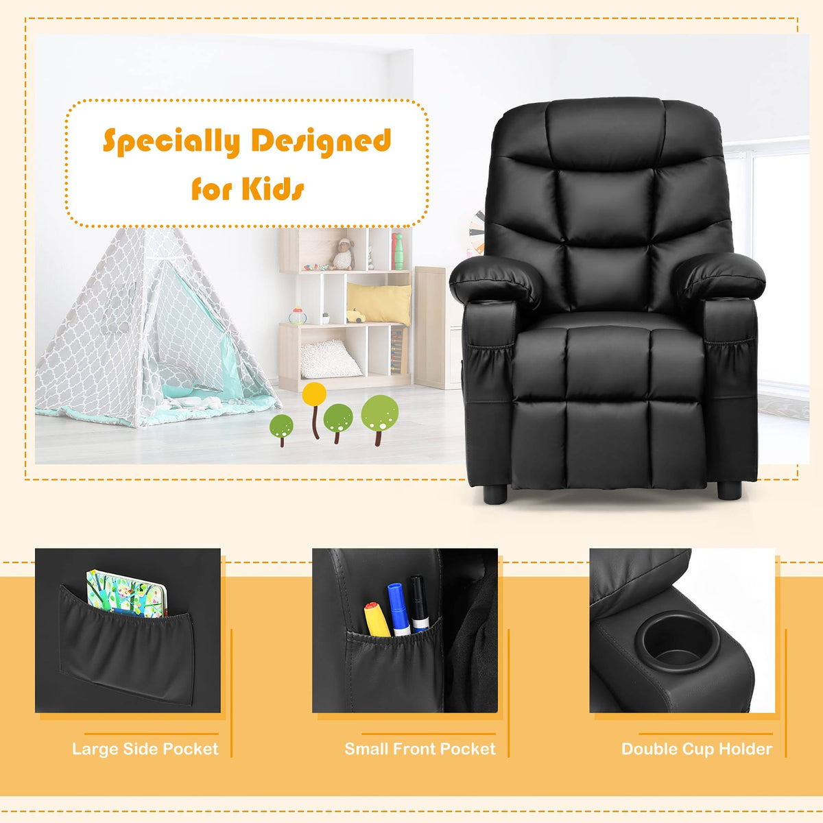 Blue PU Leather Kids Recliner Chair with Cup Holders Q84454