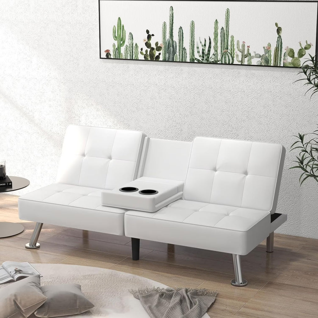 White Faux Leather Convertible Sofa Bed with 2 Cup Holders Z16130