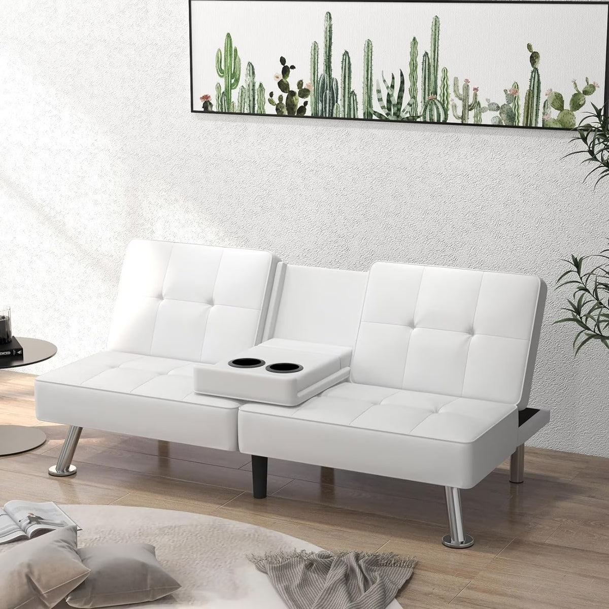 White Faux Leather Convertible Sofa Bed with 2 Cup Holders Z16130