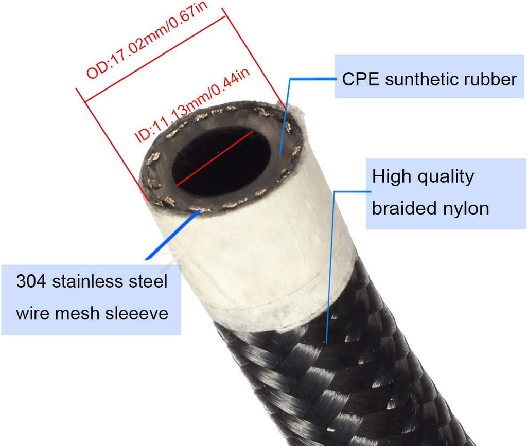 20Ft 8AN 1/2" Stainless Steel Nylon Braided CPE Oil Hose Kit Black Pack of 2 B185032