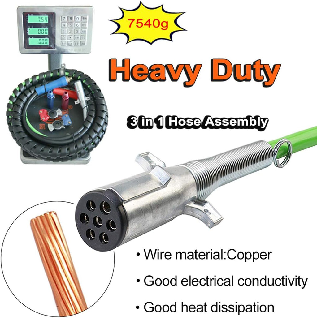 15Ft 3 in 1 ABS 7 Way Electrical Cable and Rubber Air Line Hose Wrap Assembly with Aluminum Service Emergency Glad Hands and Extension Handles for Semi Truck Trailer Tractor E621638