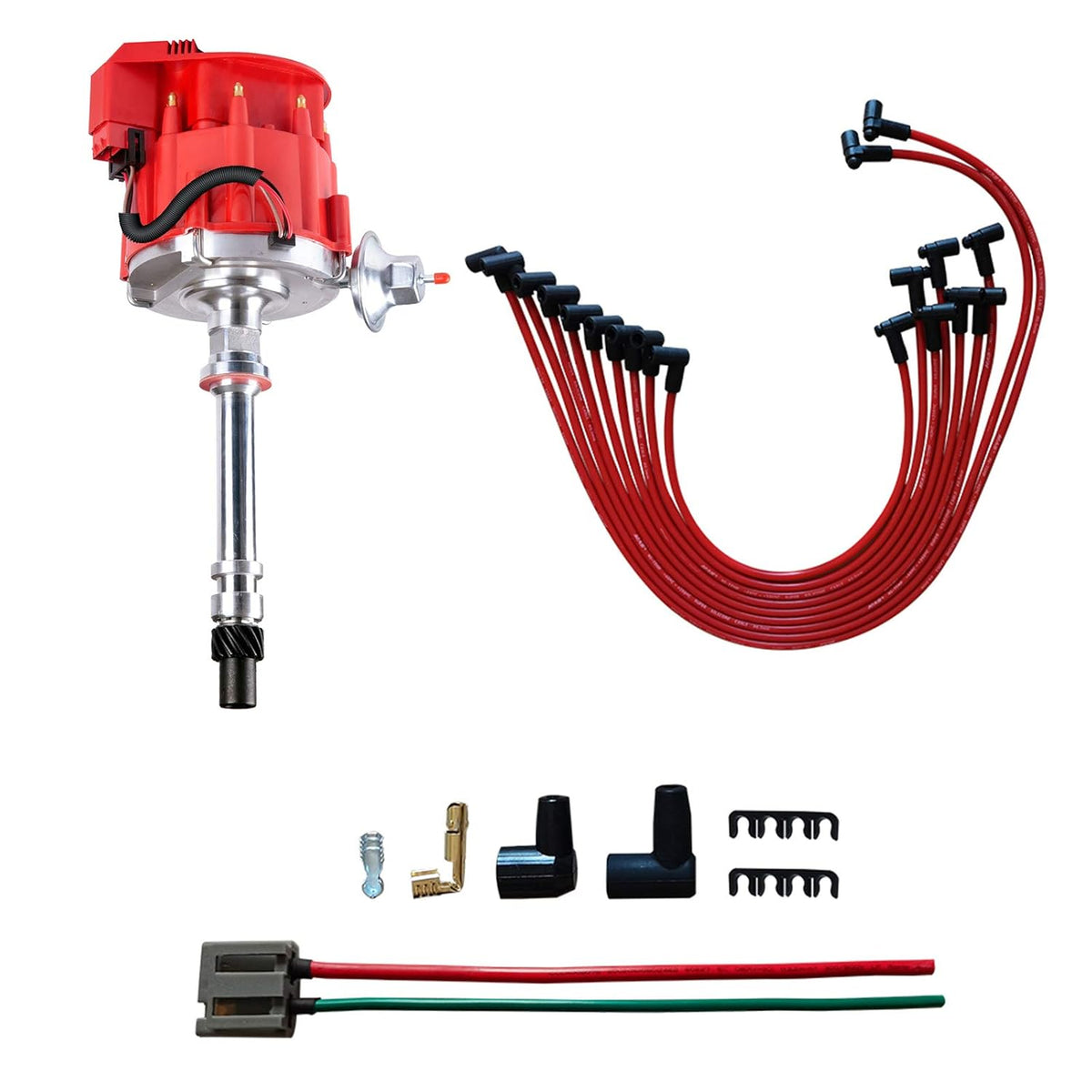 Red Cap HEI Distributor and Spark Plug Wires Combo Kit for Chevy 350 V8 N4611