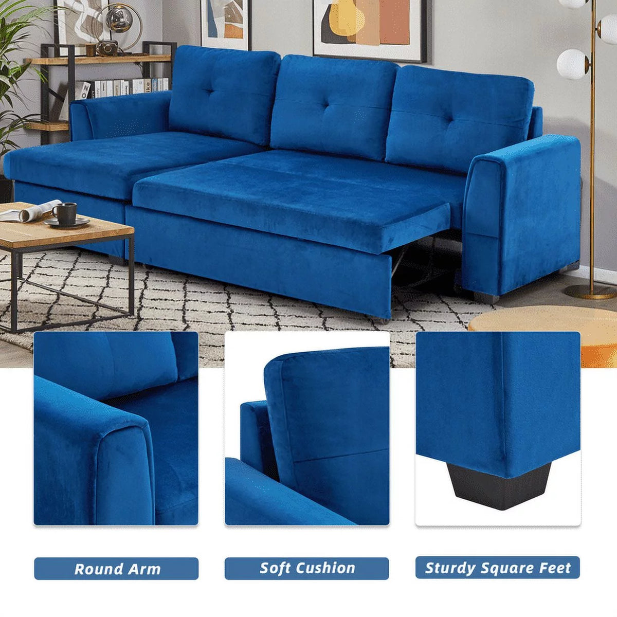 Blue Flannel L-Shaped Sleeper Sofa with Storage Ottoman F2746