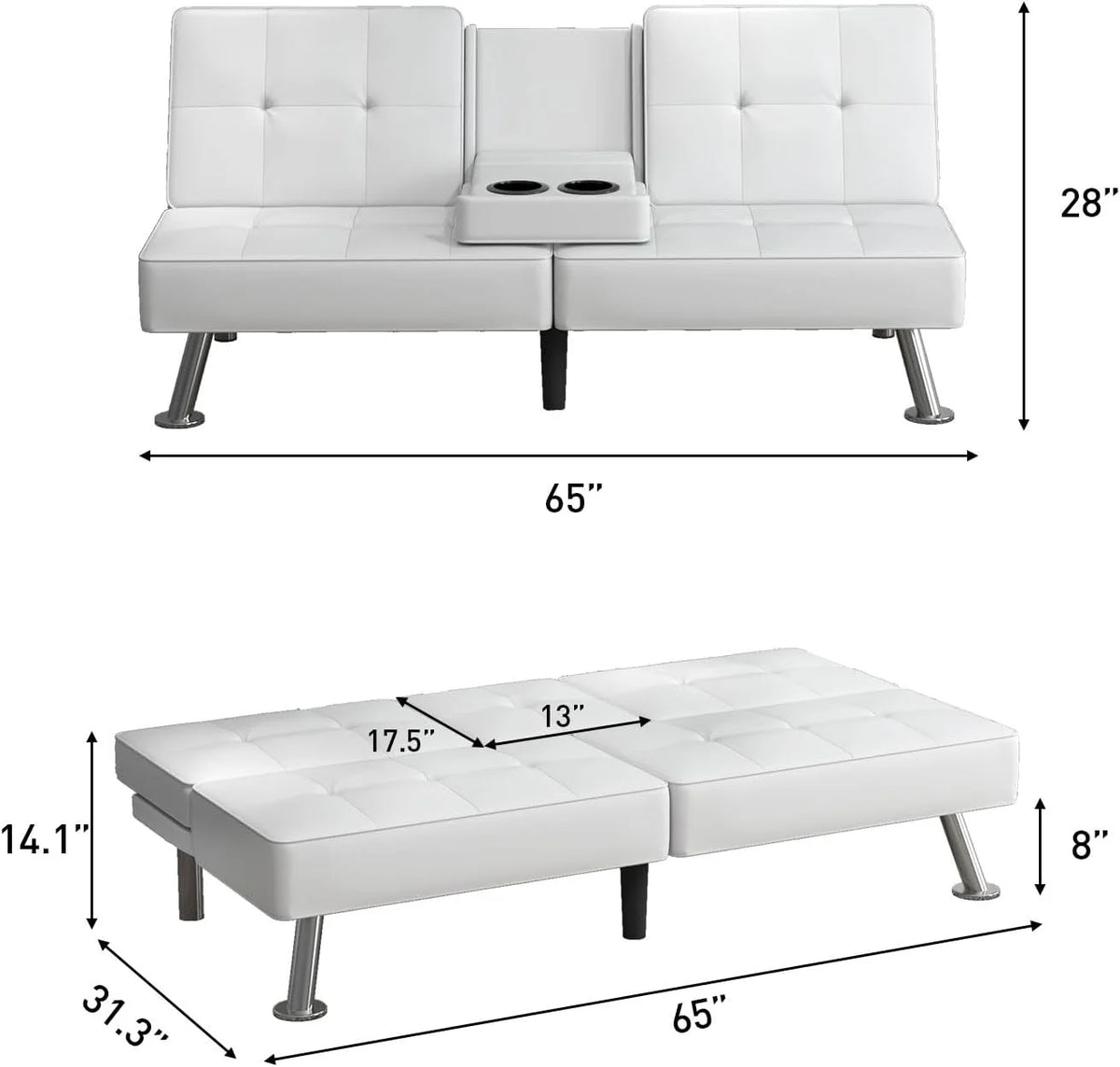 White Faux Leather Convertible Sofa Bed with 2 Cup Holders Z16130