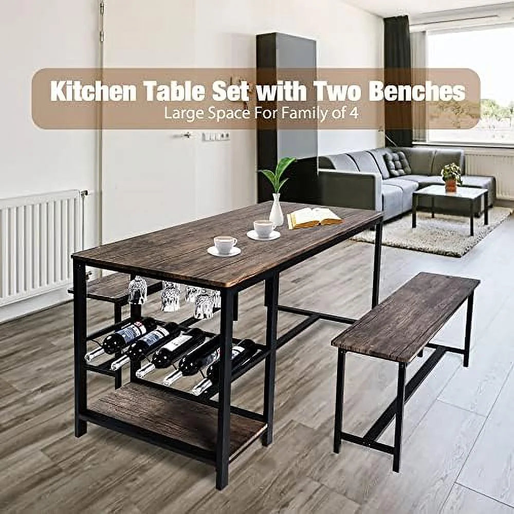 Dining Table Set 4 with 2 Benches 3-Piece Wood Rustic Brown & Black B4934