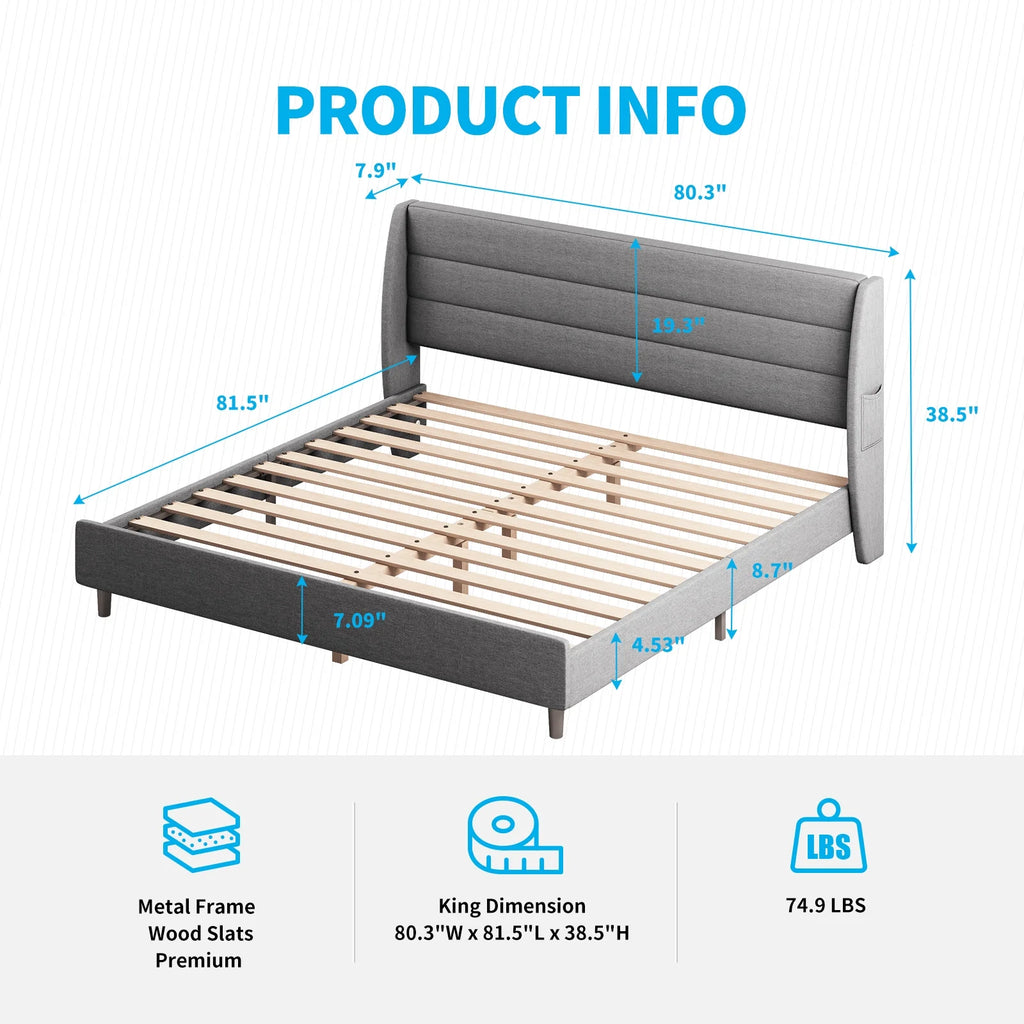 King Upholstered Platform Bed Frame with Adjustable Headboard L6620