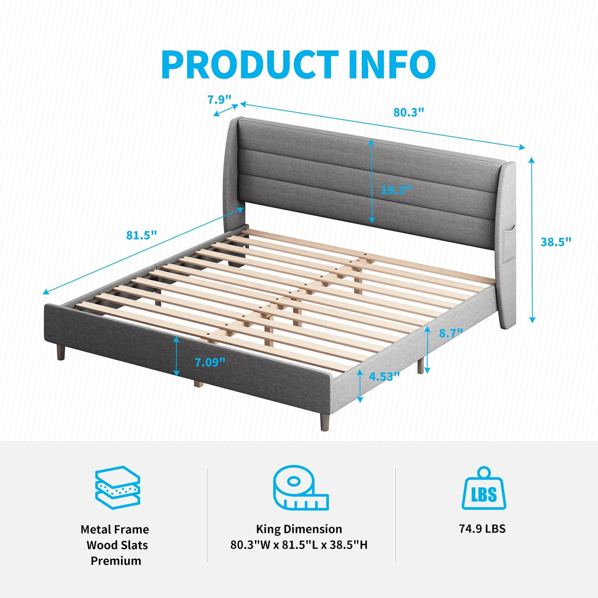 King Upholstered Platform Bed Frame with Adjustable Headboard L6620