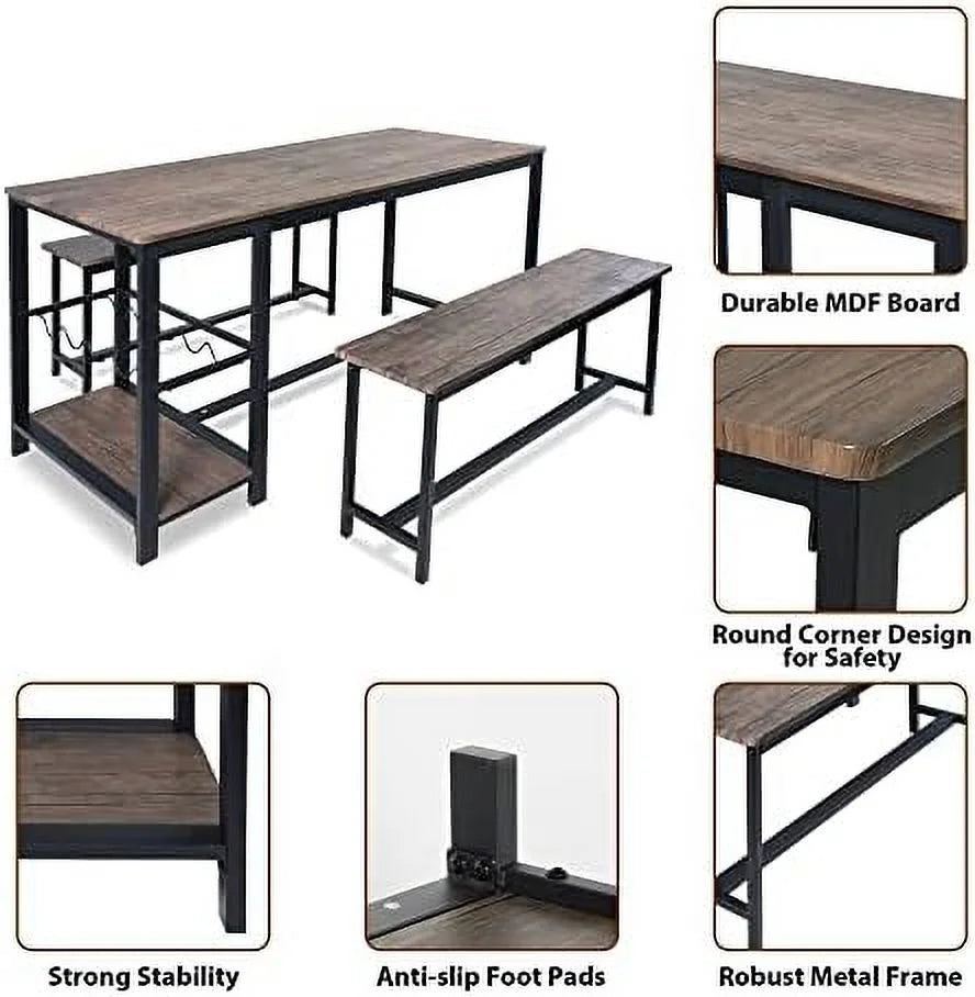 Dining Table Set 4 with 2 Benches 3-Piece Wood Rustic Brown & Black B4934