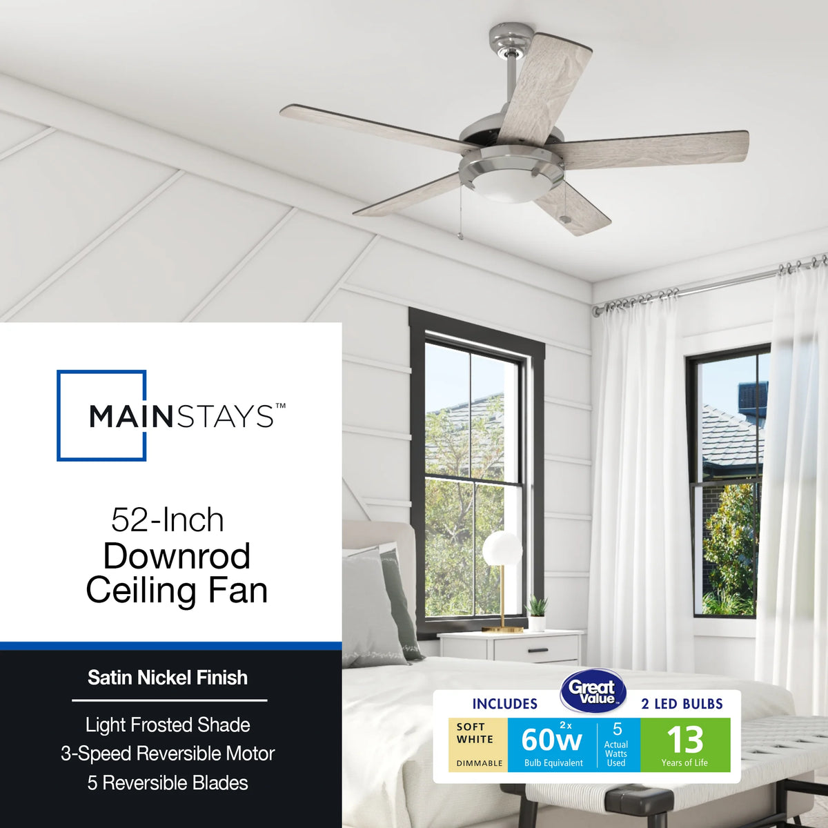 52" Satin Nickel Ceiling Fan with Light D551225