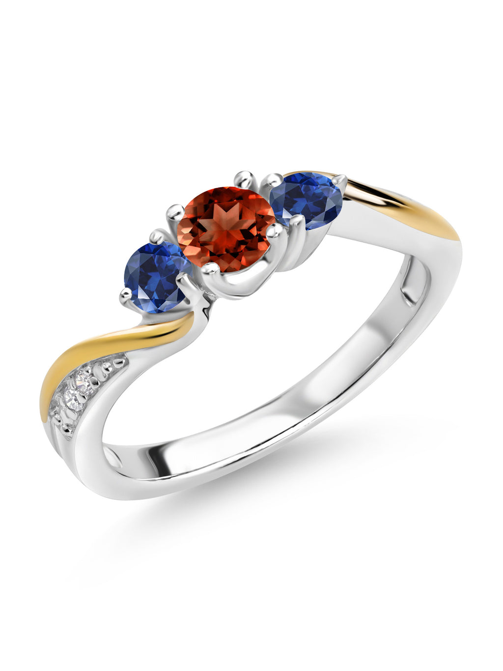 925 Silver 10K Yellow Gold Red Garnet Blue Created Sapphire White Lab Grown Diamond 3 Stone Engagement Ring X605877