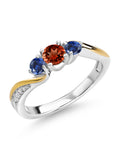 925 Silver 10K Yellow Gold Red Garnet Blue Created Sapphire White Lab Grown Diamond 3 Stone Engagement Ring X605877