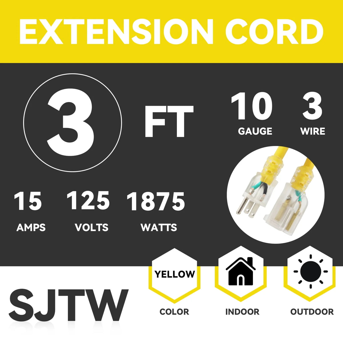 25 Ft 10/3 SJTW Yellow Outdoor/Indoor Extension Cord G72900